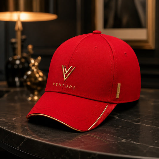 Ventura Luxe Signature Red Premium Baseball Cap – Gold Accent Designer Fashion Cap